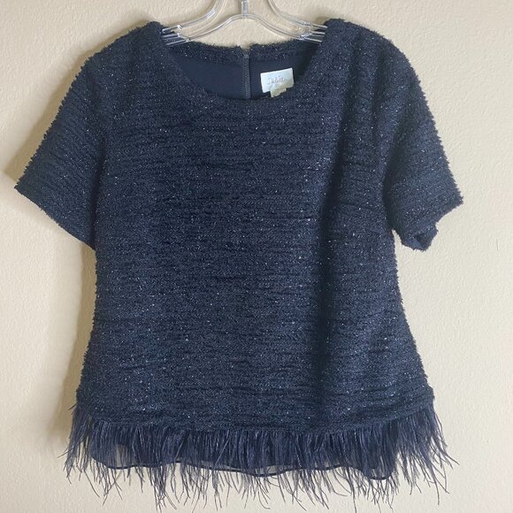 deletta anthropologie boucle short sleeve shimmer top w/ feather trim - Picture 1 of 5